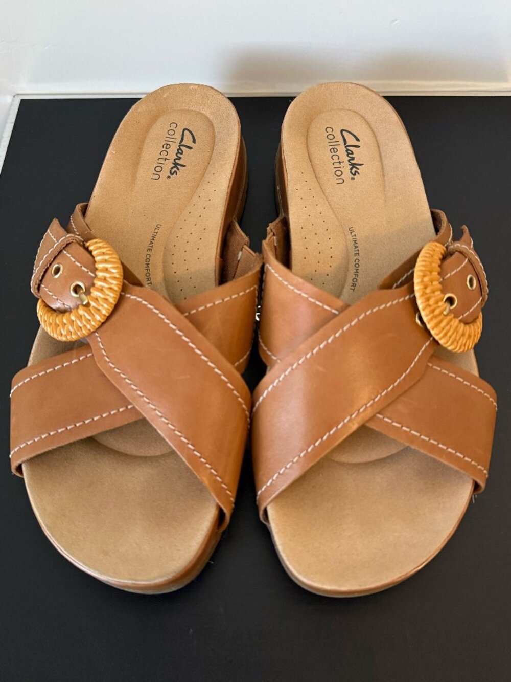 Clarks Reileigh Bay Bamboo Criss Cross Slide Sandals 9M | Cinnamon Leather Boho